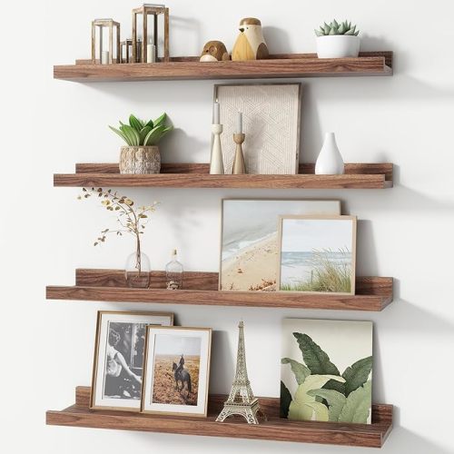 Picture Ledge Shelf, Floating Shelves Set of 4, 24 Inches Long Large Nursery Book Shelves for Toys Storage, Kids Bookshelf Wall Mounted for Living Room Bedroom Decor Books Photo Frames, Walnut