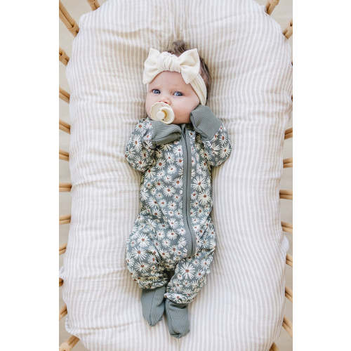 Dark Green Daisy Ribbed Zipper Pajama | Bamboo | Baby Essentials