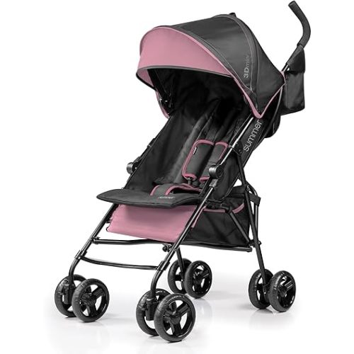 Summer by Ingenuity 3D Mini Convenience Stroller – Lightweight Stroller with Compact Fold, Multi-Position Recline, Canopy with Pop Out Sun Visor and More – Umbrella Stroller for Travel, Pink