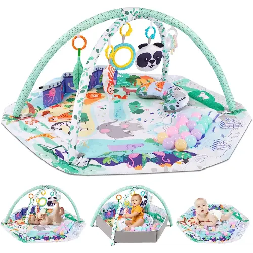 5-in-1 Baby Play Gym Mat, Tummy Time Activity Mat, with 8 Detachable Toys for Newborn Stage-Based Sensory and Motor Skill Development, Baby Play Mats for Floor, Ball Pit, Pet Cushion, Washable