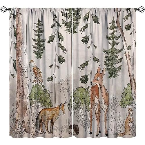 JESTRONRY Rustic Forest Window Curtains, Watercolor Woodland Animals Deer Fox Hedgehog Owl Forest Tree Blackout Rod Pocket Treatment for Kids Boys Girls Bedroom 84x84in