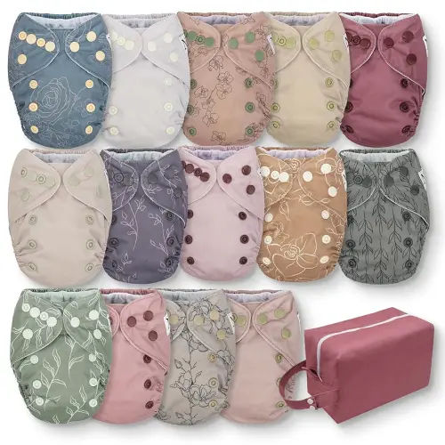 Nora's Nursery Newborn All-in-One Cloth Diaper 14-Pack with Diaper Pod for Clean Storage - Waterproof, Washable, Reusable, and Adjustable for Babies Under 12lbs - Blushing Blooms