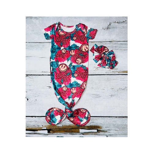 Happy smiley face with hot pink leopard print baby gown DLH1215-07