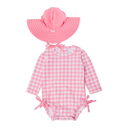Bubblegum Gingham Long Sleeve One-Piece Rashguard Swimsuit & Hat Set
