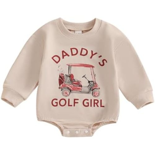 Baby Girl Golf Outfit Long Sleeve Crew Neck Daddy’s Golf Girl Letter Golf Cart Sweatshirt Romper Fall Clothes