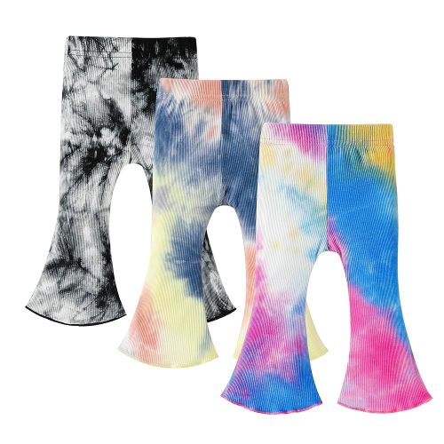 3 Pack Baby Girl Pants Tie-Dye Toddler Girls Flare Pants Newborn Bell Bottoms Ruffled Ribbed Knite Toddler Leggings