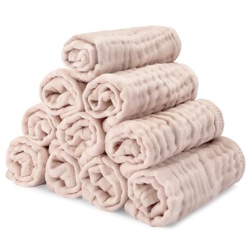 Baby Washcloths, Muslin Cotton Baby Towels, Large 10”x10” Wash Cloths Soft on Sensitive Skin, Absorbent for Boys & Girls, Newborn Baby & Toddlers Essentials Shower Registry Gift (Blush, Pack of 10) - 10-Pack 10"X10"