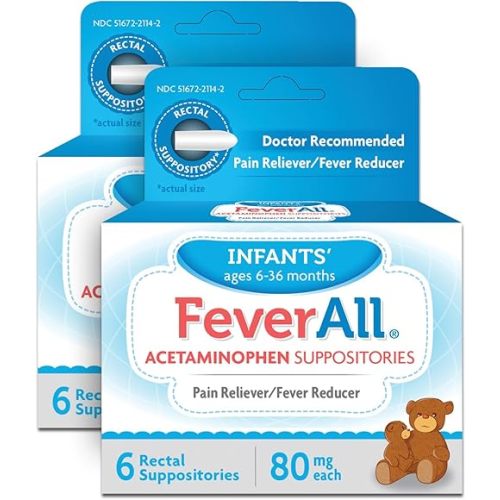Feverall Infant Acetaminophen Suppositories 6 Rectal Suppositories 80mg Each Pain Reliever/Fever Reducer. Paraben Free, No Artificial Colors or Other preservatives. Ages 6-36 Months- 2 Pack