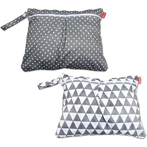 Damero 2pcs Travel Wet and Dry Bag with Handle for Cloth Diaper, Pumping Parts, Clothes, Swimsuit and More, Easy to Grab and Go (Small, Gray Triangle+ Gray Dots)