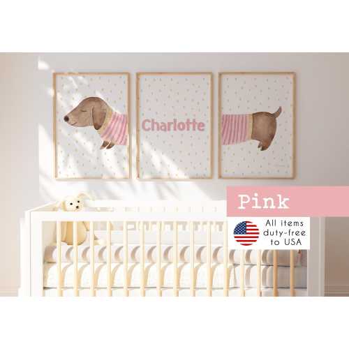 Sausage Dog Set - Peach PINK colors, for baby girls - Funny prints of Dachshund dog for babies, girls and kids decor