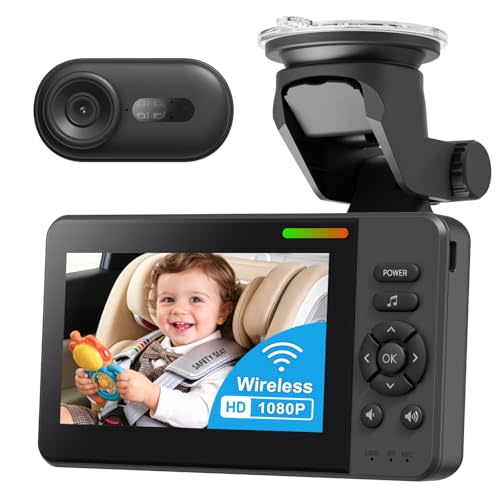 Wireless Baby Car Camera, Car Baby Monitor No Wi-Fi Needed with HD 1080P Night Vision Display Adjustable Lens, Easy Install Backseat Camera for Kids, Newborns Travel Essentials Gifts