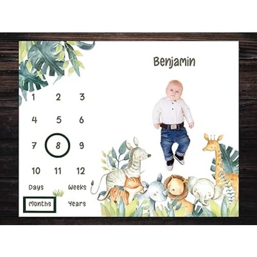 Personalized Baby Milestone Blanket 50x40 Boy Girl Unisex Safari, Customized Milestone Blanket, Monthly Milestone Blanket, Baby Photo Prop Blanket, Custom Milestone Blanket, Baby Age Chart