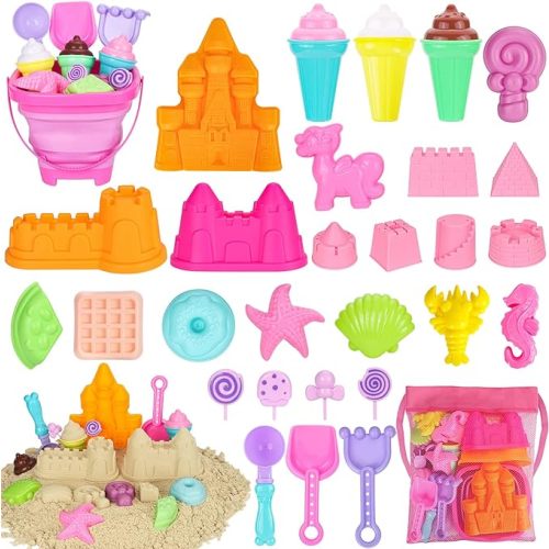 Beach Toys, 30Pcs Ice Cream Sand Toys, Sandbox Toys with Collapsible Sand Bucket and Sand Castle Kit, Cake, Lollipop, Sea Animal, Unicorn Molds, Shovels Set, Mesh Bag, Travel Toys for Girls 3+