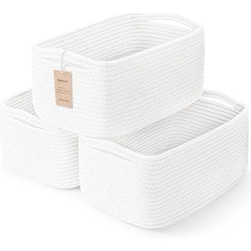 3-Pcs Shelf Baskets for Organizing, Closet Organizer Bins, Small Woven Baskets, Rope Toy Basket, Storage Basket for Shelves, Cube Decorative Box, 11.8×7.8×5.1”, White