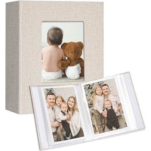 Vienrose Small Photo Album 4x6 holds 100 Photos 2 Pack, Mini Baby Photo Album Linen Cover for Gifts Wedding Family, Beige