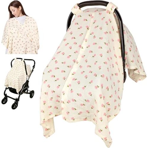 Jundetye Car Seat Cover Baby Girls Boys, Summer Cotton Baby Car Seat Cover for Carseat, Comfortable Muslin Nursing Cover, Soft Baby Blanket, Breathable Lightweight Infant Stroller Canopy, Pink Flower