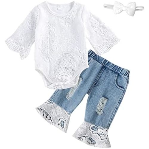 Baby Girl Clothes Set Lace Ruffle Romper Flare Denim Jean Pants and Headband 3Pcs Set Newborn Infant Outfits Set