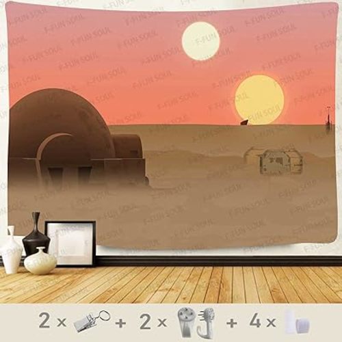 F-FUN SOUL Twin Suns Planet Tapestry, 93x71inchs Soft Flannel, Desert Globe Tatooine Wall Hanging Tapestries for Living Room Bedroom Home Decor GTZYFS1238