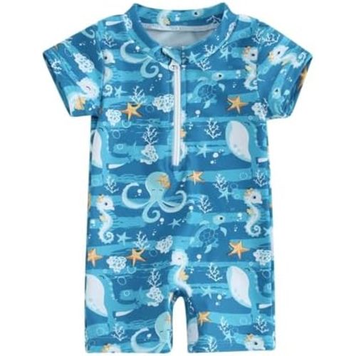 Toddler Baby Boy Swimsuit One-Piece Zipper Starfish Tree Print Bodysuit Sunsuit Swimwear Bathing Suit