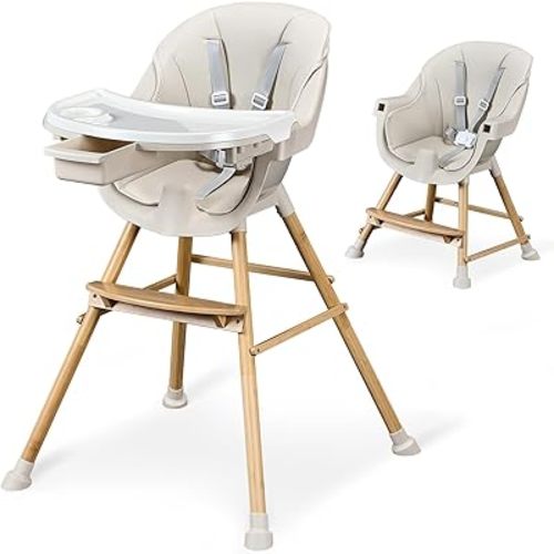 3-in-1 Wooden High Chair for Babies and Toddlers,Convertible Baby High Chair with Drawer,Infant Highchair with Adjustable Legs & Dishwasher Safe Tray