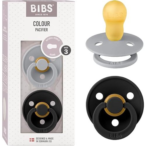 BIBS Pacifiers Colour Collection | Natural Rubber Baby Pacifier | Set of 2 BPA-Free Soothers | Made in Denmark | 18+ Months (Pack of 2) | Cloud/Black