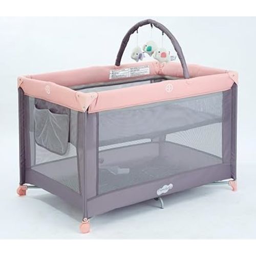 Pamo Babe Portable Playard with Mat Pad and Toy Bar Pink Play Yard for Baby