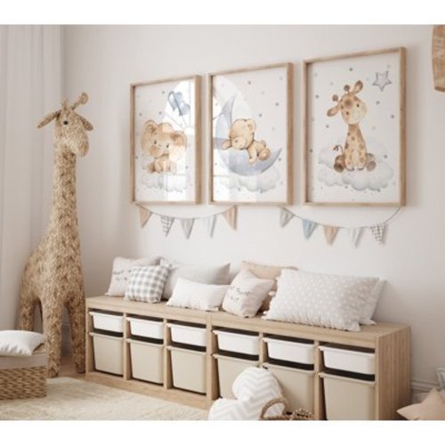 3 Pieces Elephant Giraffe Bear Poster Painting Animal Cloud and Stars Canvas Pictures Artwork for Nursery Gender Neutral Nursery Decor with Wooden Inner Frame