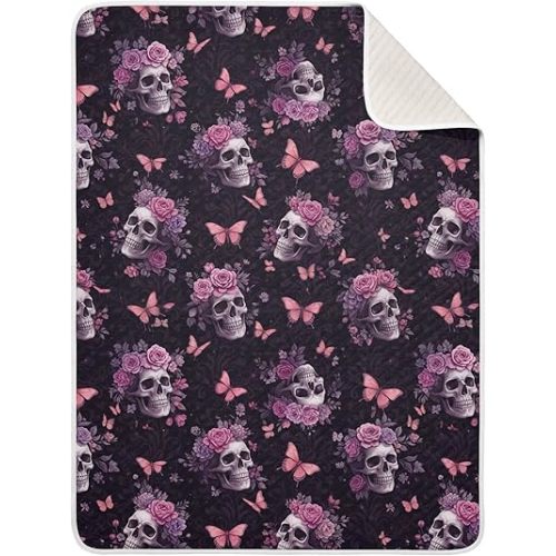 Gothic Floral Skulls Black Pattern Soft Cotton Blend Toddler Blanket for Baby Boys Girls, 30x40in Warm Crib Blanket for Nursery & Stroller, Lightweight Receiving Blanket