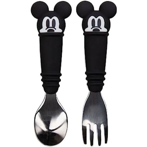 Bumkins Toddler Utensils, Disney Mickey Mouse Kids Fork and Spoon Set, Silicone and Stainless-Steel Silverware, Angled Forks / Sporks for Self-Feeding, Childrens Flatware