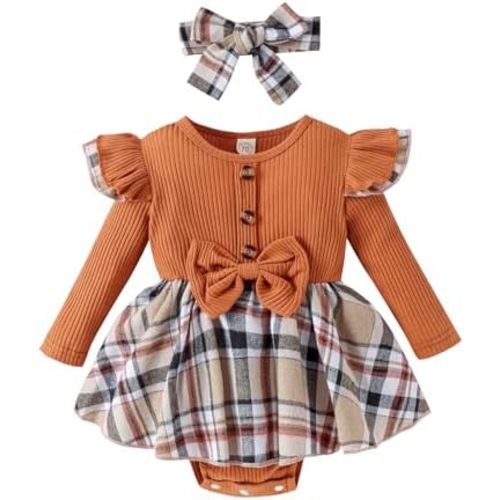 Newborn Baby Girl Fall Winter Outfit Set Plaid Romper Dress Ruffles Long Sleeve Clothes Jumpsuit with Bow Headband