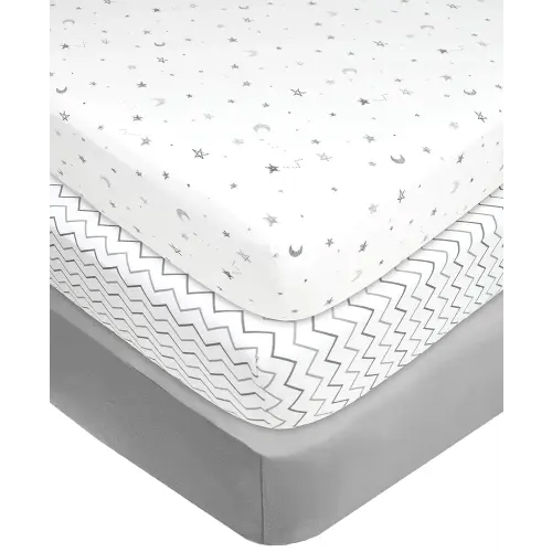 American Baby Company 3 Pack 100% Natural Cotton Fitted Crib Sheets 52" x 28" - Soft, Breathable, Hypoallergenic & Gentle Toddler Bed Sheets, Grey Star/Zigzag, Neutral for Boys & Girls