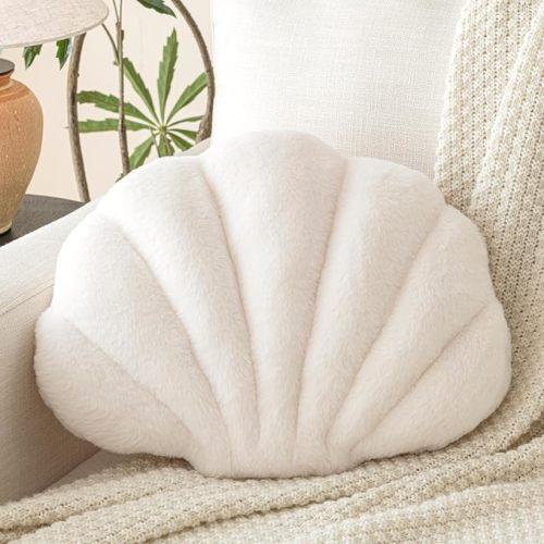 Shell Pillow, Seashell Throw Pillow with Soft Rabbit Plush for Couch Bed, Shell Shaped Decorative Ocean Pillow Stylish Beach Cushion Room Aesthetic Home Decor