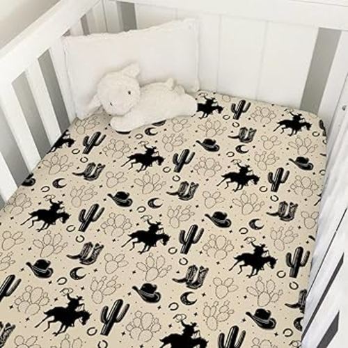 Vintage Western Cowboy Baby Crib Sheets 52''x28'' Cowboy Horse Boots Hat Cactus Moon Snug Fitted Crib Mattress Cover for Boy Girl Wild Plants Soft Baby Bed Sheet for Standard Crib Toddler Mattress