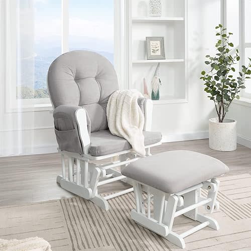 Naomi Home Nursery Glider & Ottoman Sets, Reclining Glider Rocker with Ottoman, Nursery Rocking Breastfeeding Maternity Chair for Baby Room, Recliner Glider with Ottoman, Padded Arms - White, Gray