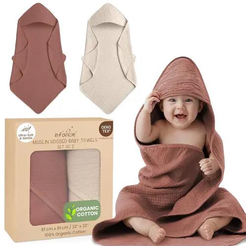 Organic Cotton Muslin Baby Hooded Towels - 81x81 cm, 2 Pack Newborn Bath Towels for Boys & Girls, Soft & Absorbent Bath Set (Rust/Ivory)