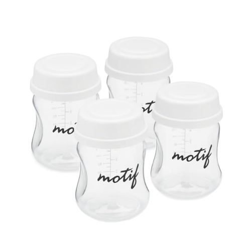 Motif Medical Breast Milk Storage Bottles for Twist Breast Pump - Durable Plastic Breastfeeding Essentials w/Locking Rings, Lids & Nipple Caps - Breast Milk Container (Set of 4, 6 oz)