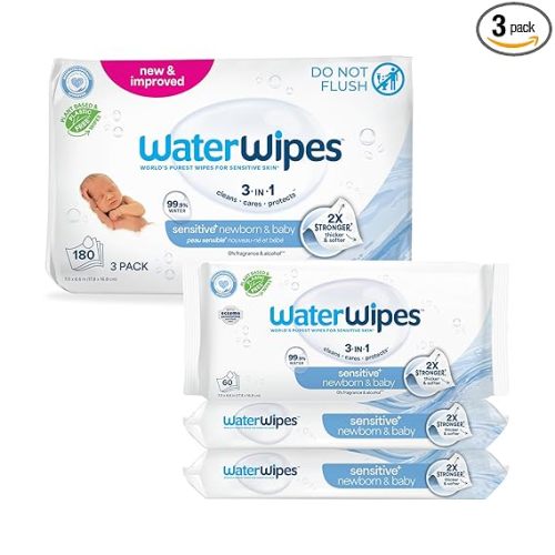WaterWipes Sensitive+ Newborn & Baby Wipes, 3-In-1 Cleans, Cares, Protects, 99.9% Water, Unscented & Hypoallergenic, 180 Count (3 Packs)