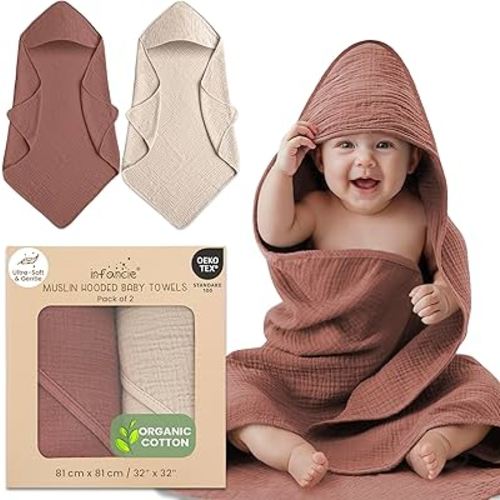 Organic Cotton Muslin Baby Hooded Towels - 81x81 cm, 2 Pack Newborn Bath Towels for Boys & Girls, Soft & Absorbent Bath Set (Rust/Ivory)