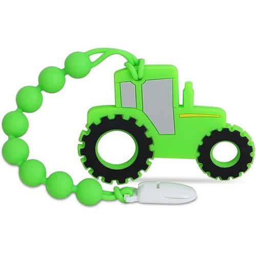 Baby Tractor Teething Toys,Food Grade Silicone Teether with One-Piece Pacifier Clip Holder,Highly Effective Pain Relief for 3 Months+ Boy and Girl,BPA Free,Freezer Safe. (Green)