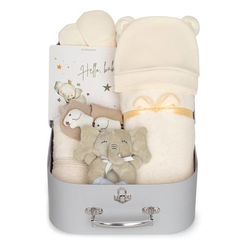 Elephany Baby Shower Gifts – Gender-Neutral Baby Gift Basket for Newborn Girls and Boys – Newborn Baby Essentials Gift Basket with Blanket, Towel, Rattle Toy, Socks – Cute Newborn Baby Gifts
