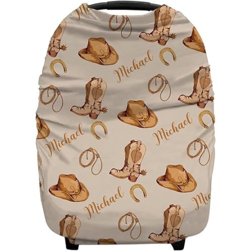 Personalized Cowboy Baby Car Seat Covers with Name, Custom Western Nursing Cover Breastfeeding for Babies, Carseat Canopy for Boys and Girls, Infant Stroller Cover, Breathable Carseats Cover