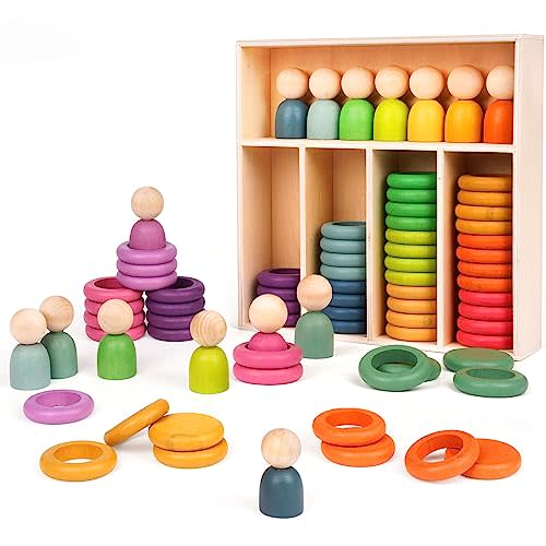 Montessori Toys Wooden Color Sorting Stacking Rings Toy Rainbow Wooden Peg Dolls Counting Toys circular building blocks Stacking Game Preschool Learning Education Fine Motor Skill Toys for Toddlers