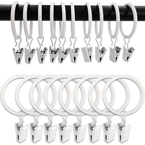 100 Pack White Curtain Rings with Clips, Curtain Hooks Hangers Clip Rings for Hanging Drapes Bows Hat, Drapery Rings 1.5 in I D, Fits up to 1.2 in Diameter Curtain Rod.
