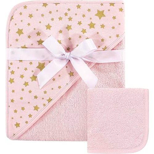 Hudson Baby Unisex Baby Cotton Hooded Towel and Washcloth, Pink Gold Star, One Size