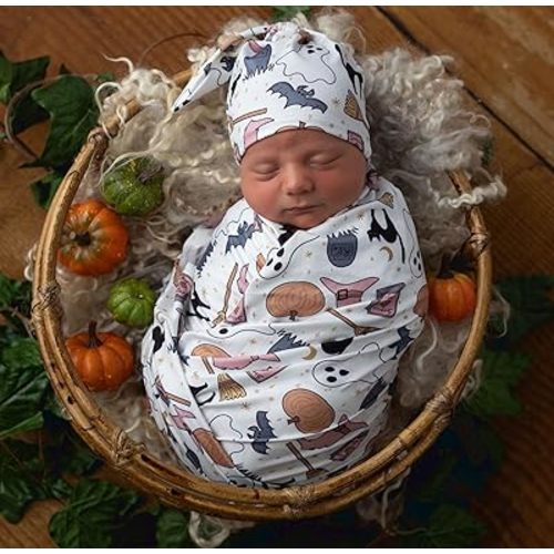 Baby Halloween Receiving Blanket Swaddle Blanket Infant Headband Beanie Set (Halloween Pink)