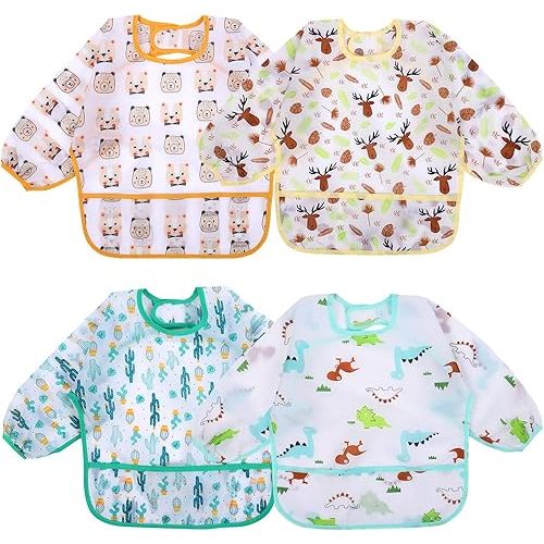 Accmor 4 Pack Long Sleeve Baby Bibs, Waterproof Sleeved Bib, Toddler Soft Bib for 6-36 Months Color: Giraffes/Blue Penguins/ /Green Bears/Dinosaurs