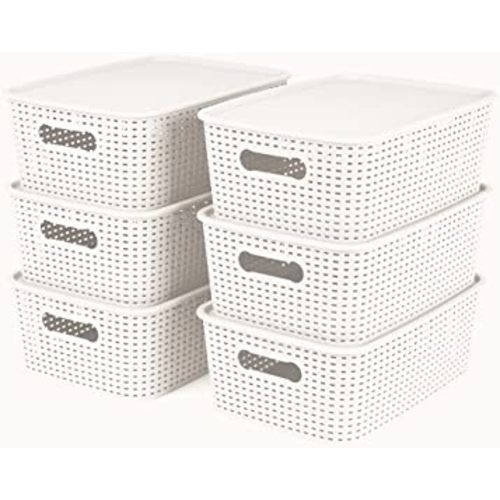 MBKO Plastic Storage Basket Bins - Stackable Pantry Organizer Container (Medium_White_6PK)