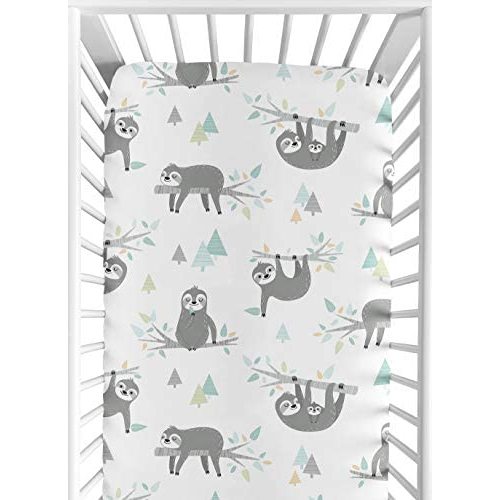 Sweet Jojo Designs Blue and Grey Jungle Sloth Leaf Unisex Boy or Girl Baby or Toddler Nursery Fitted Crib Sheet - Turquoise, Gray and Green Botanical Rainforest