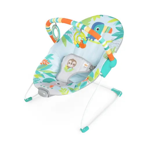 Bright Starts Baby Infant Rainforest Vibes Vibrating Bouncer with Play Toy Bar