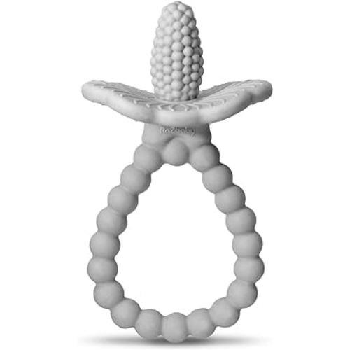 RaZbaby Silicone Baby Teether, BerryBumps Textured Silicone Soothes Babies’ Sore Gums, Infant Front and Back Teething Relief Toy, BPA Free, Easy-to-Hold, RaZberry Plus Fruit Shape, 3M+ – Grey